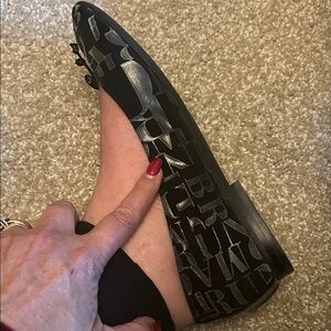 Bruno Magli peeptoe black on black logo on suede flats